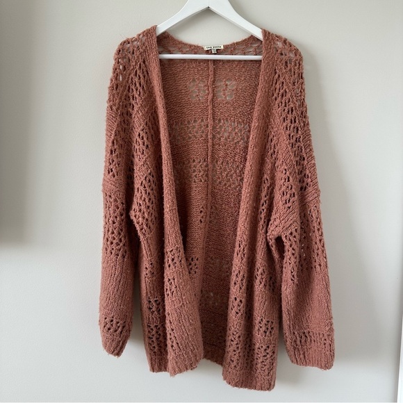 Rag Poets Sweaters - Rag Poets Slouchy Cable Knit Cardigan Oversized Open Front Mauve Pink Boho Beach